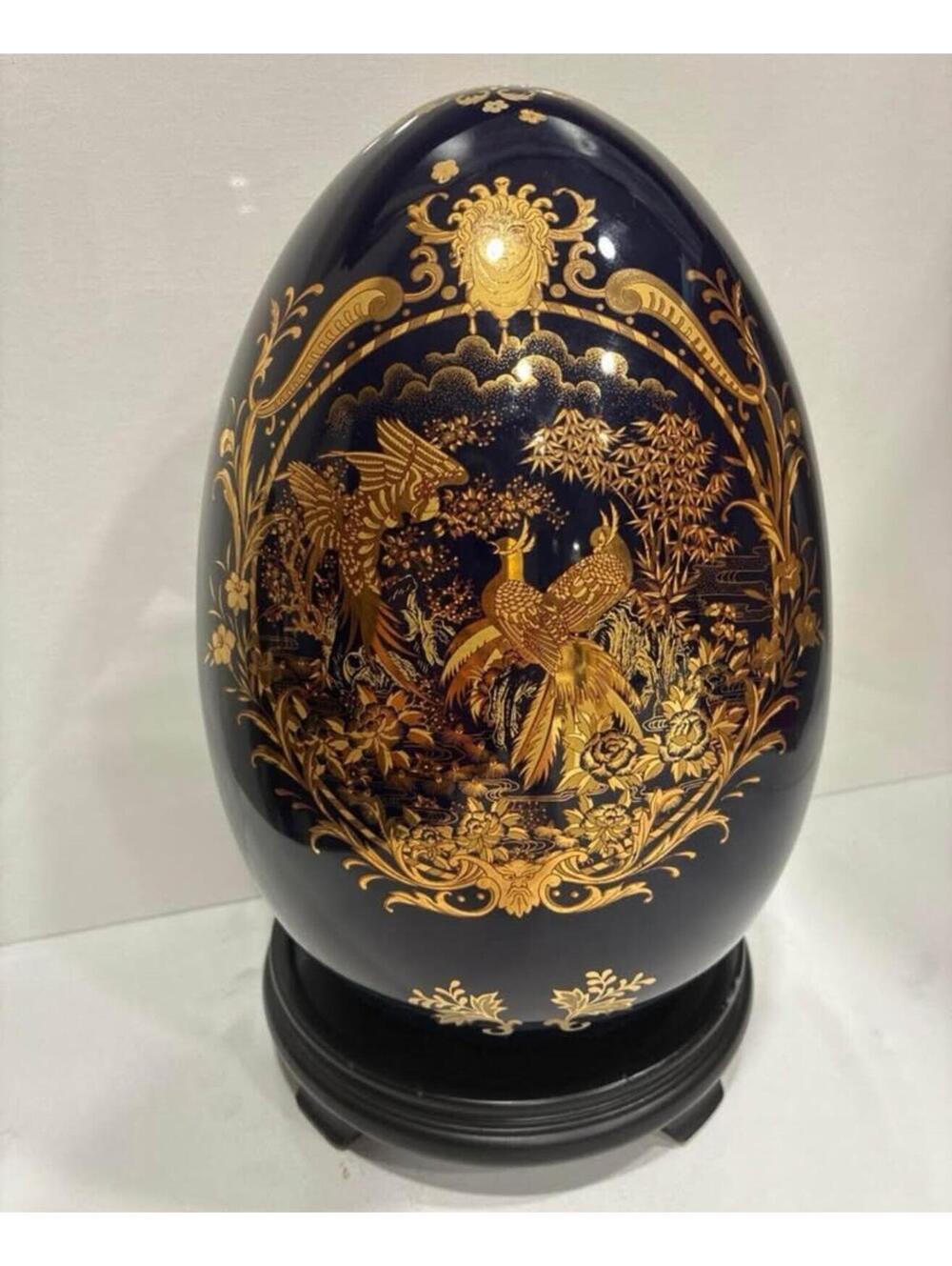 Limoges Porcelain Egg Deep Blue Gold Bird Art